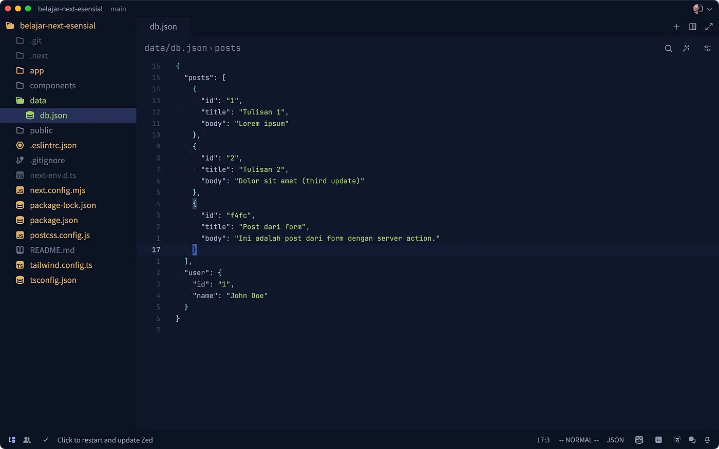 Data post baru tersimpan di fail data/db.json