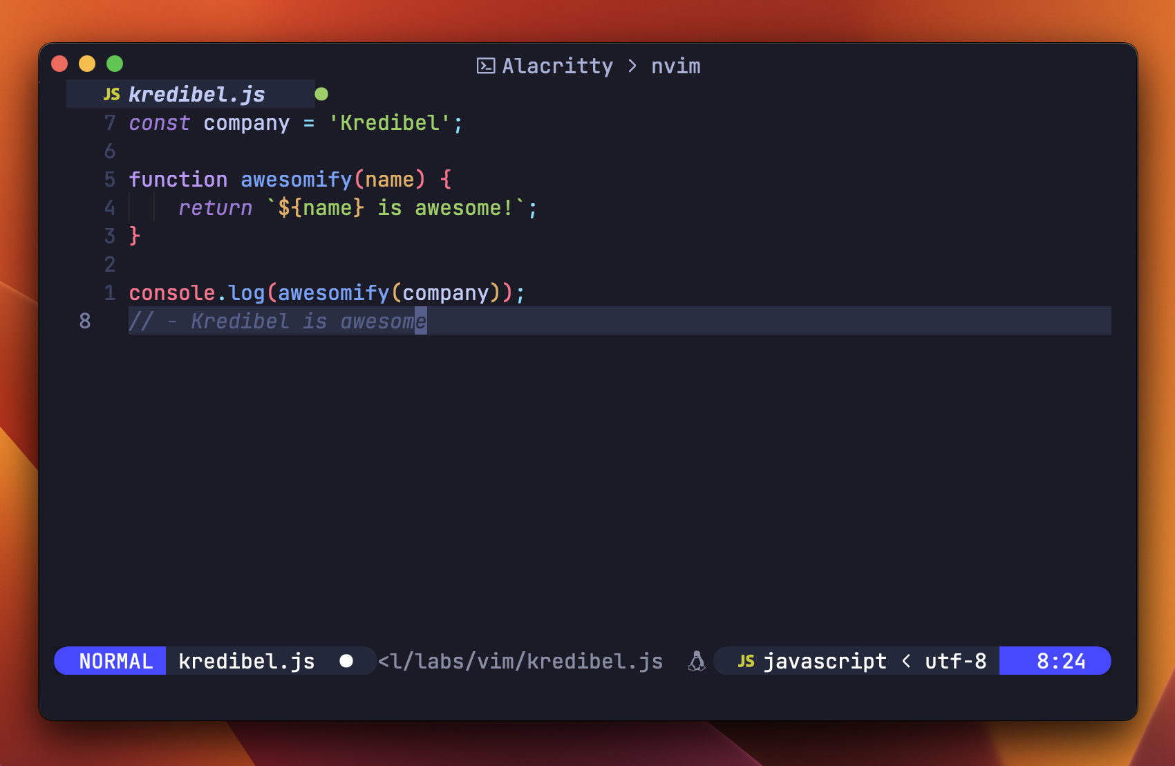 Vim mode insert dengan kode JavaScript di dalamnya