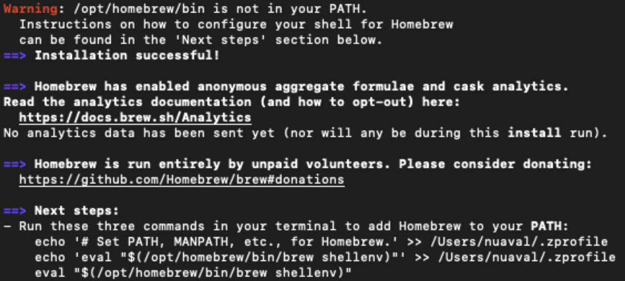 Instruksi untuk mendaftarkan Homebrew ke PATH